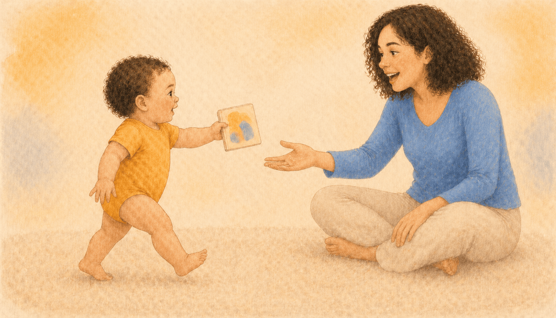 Thirteen-month-old baby walking across a cream rug carrying a small board book to seated mother — moving bid that triggers action-verb language and accelerates vocabulary in new walkers