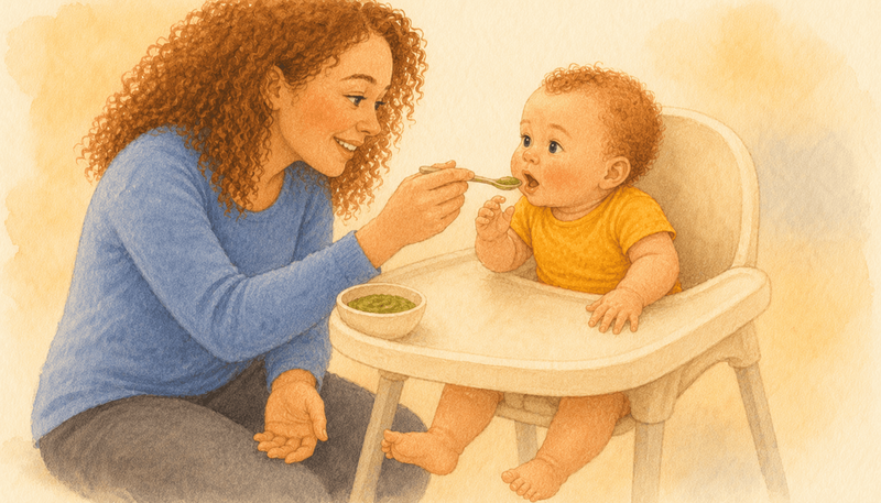 Six-month-old baby in high chair looking at a spoonful of green vegetable puree with a curious uncertain expression — first foods for baby introduction