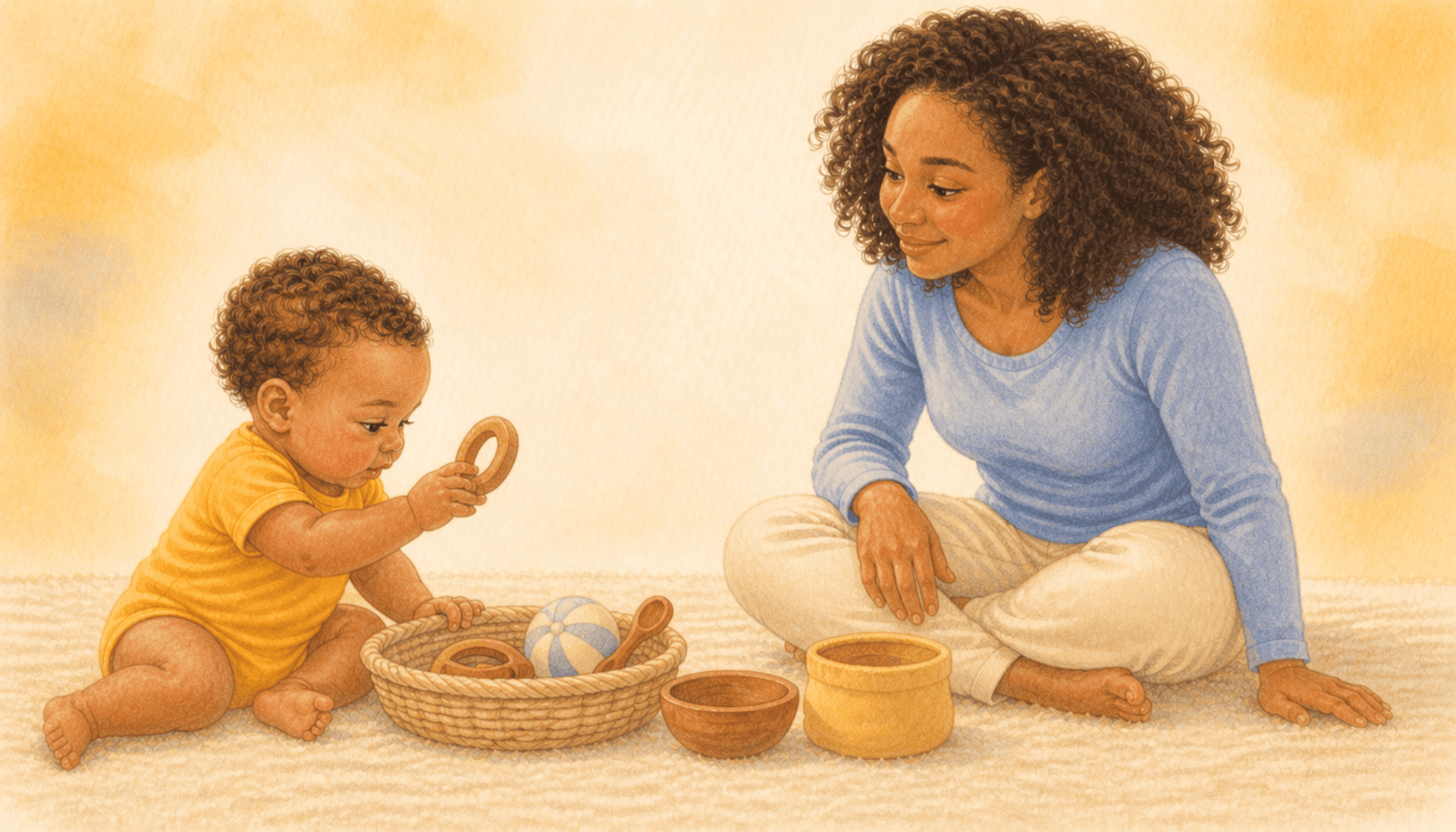 Ten-month-old baby on a rug placing a wooden ring next to a basket of objects while mother watches attentively — in-and-out container play activity for 10 month old development