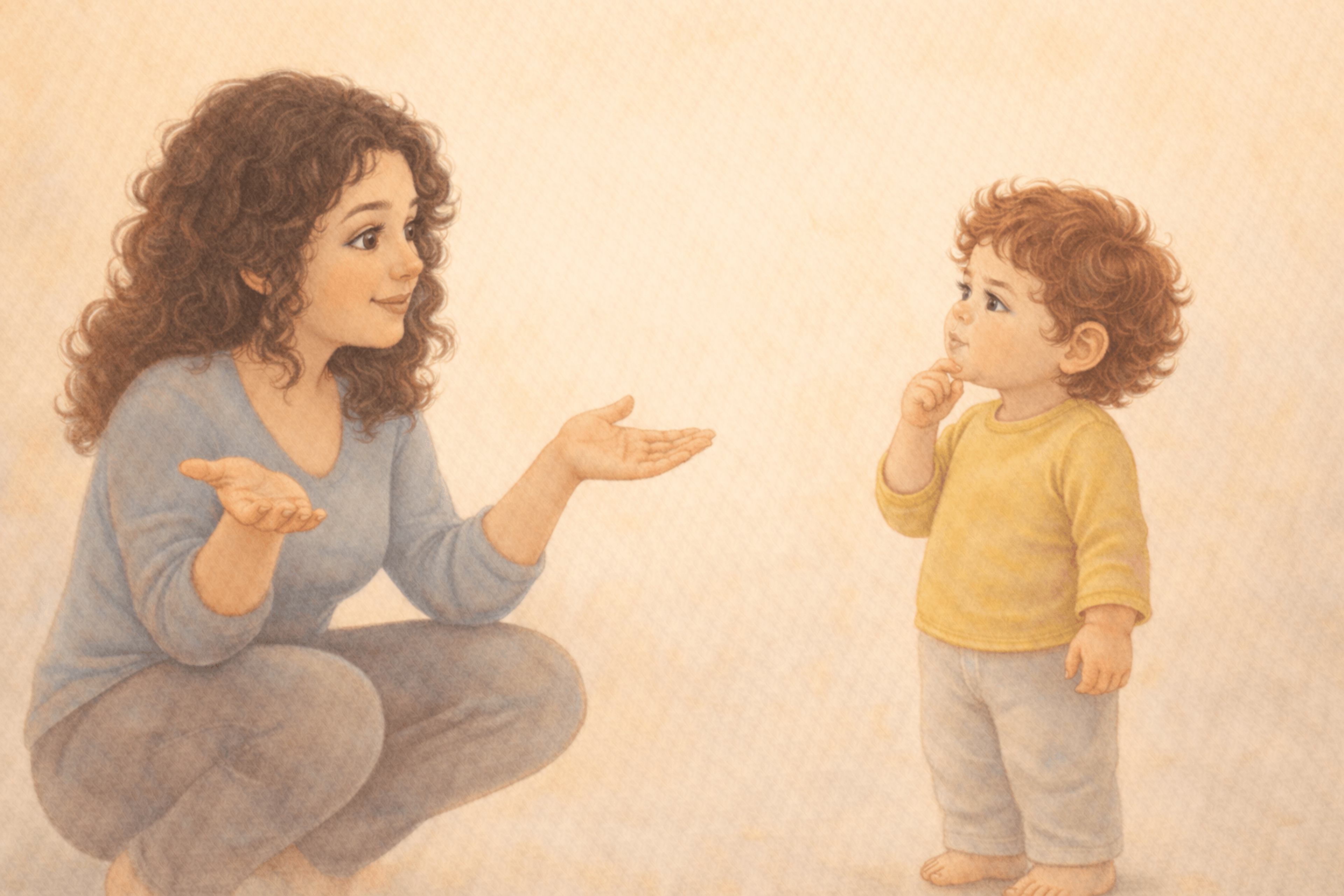 Mother crouching and offering toddler a choice with open hands while toddler considers thoughtfully — autonomy-supportive approach to potty training