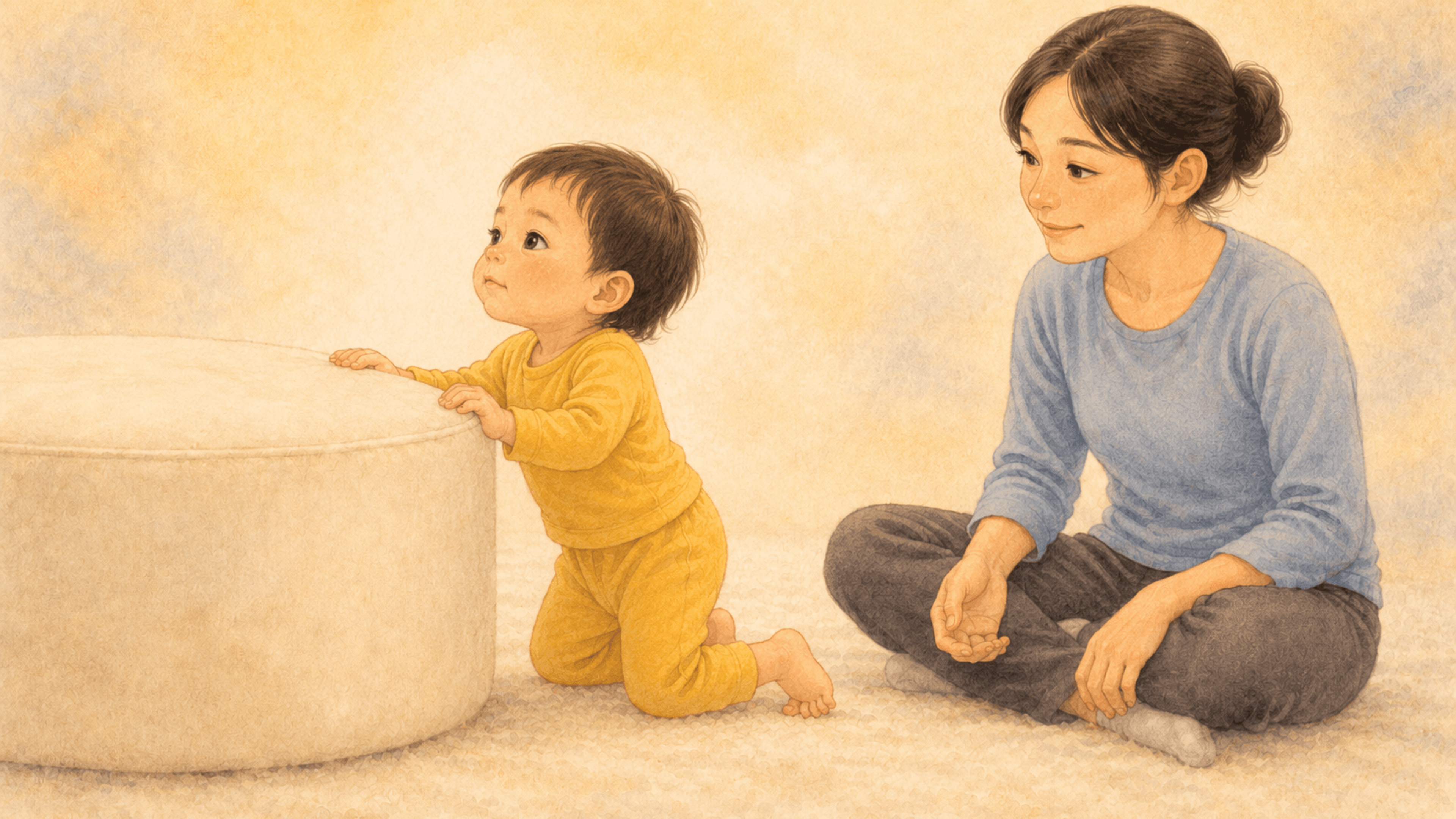 Eighteen-month-old toddler pulling up to stand on a low padded ottoman with mother watching nearby — gross motor milestone associated with toddler sleep disruption