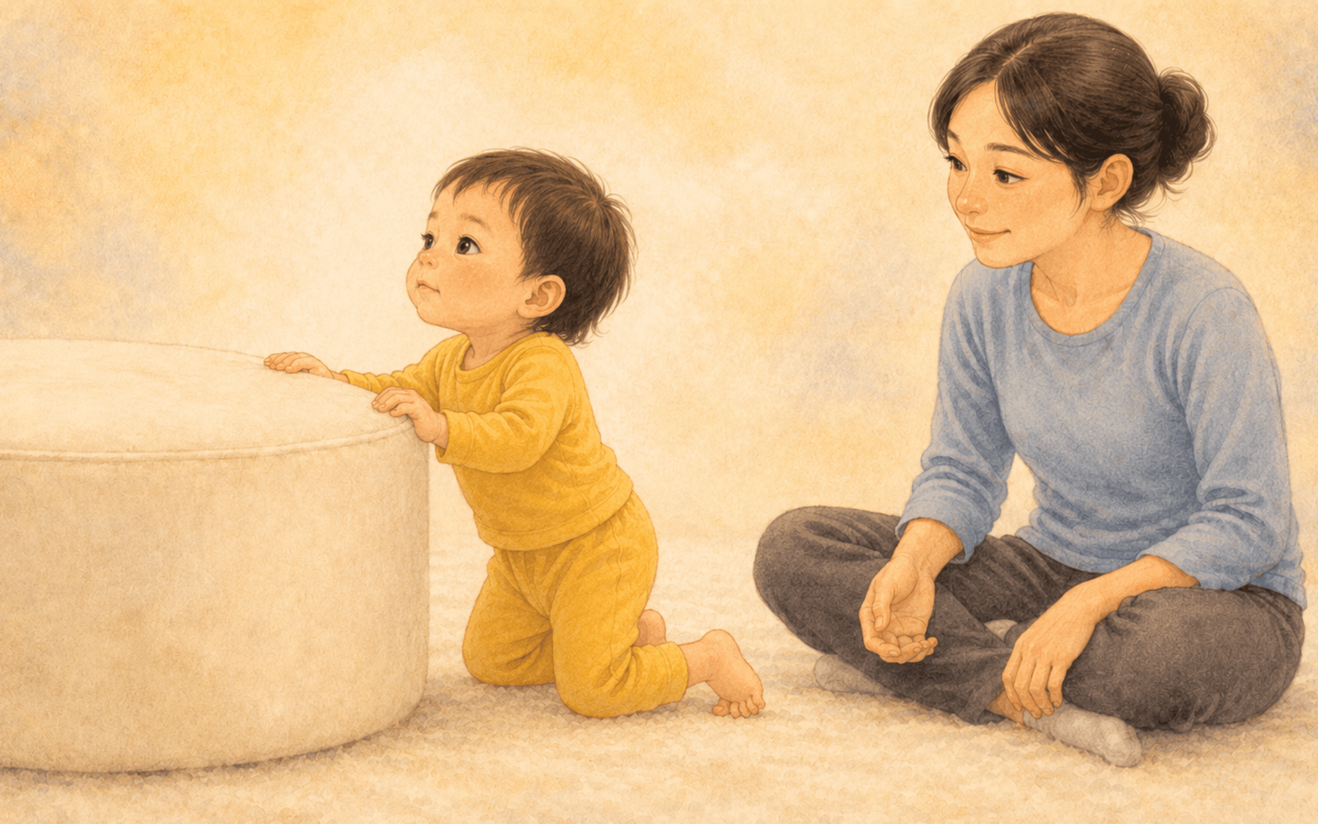 Eighteen-month-old toddler pulling up to stand on a low padded ottoman with mother watching nearby — gross motor milestone associated with toddler sleep disruption