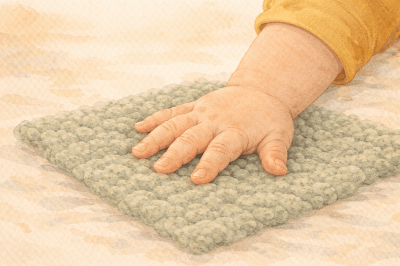 Watercolor close-up of a baby's hand pressing into a soft bumpy fabric square