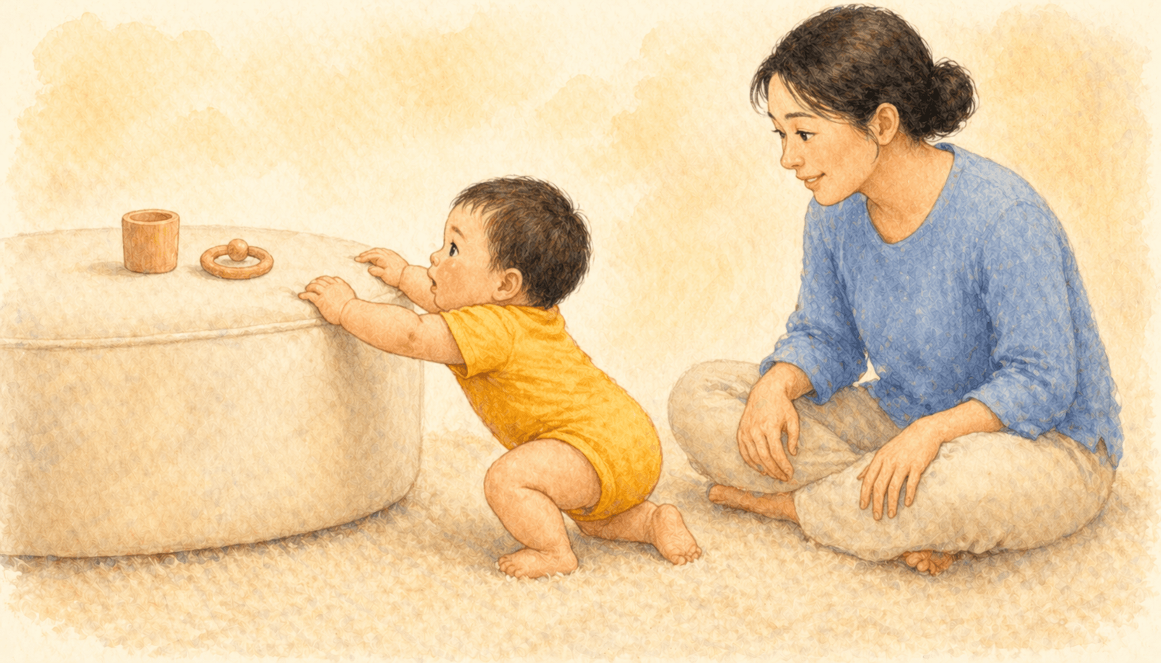 Nine-month-old baby pulling up to stand on a low padded ottoman with wooden toys on top — gross motor development at 9 months