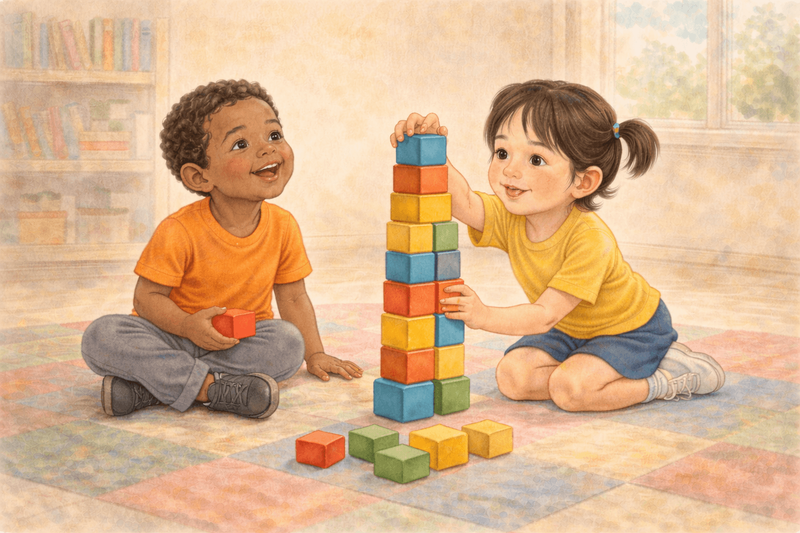 Two five year old children building a block tower together in kindergarten classroom — social skills and cooperation