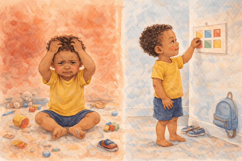 Split illustration showing stressed toddler in chaos versus calm toddler with routine board