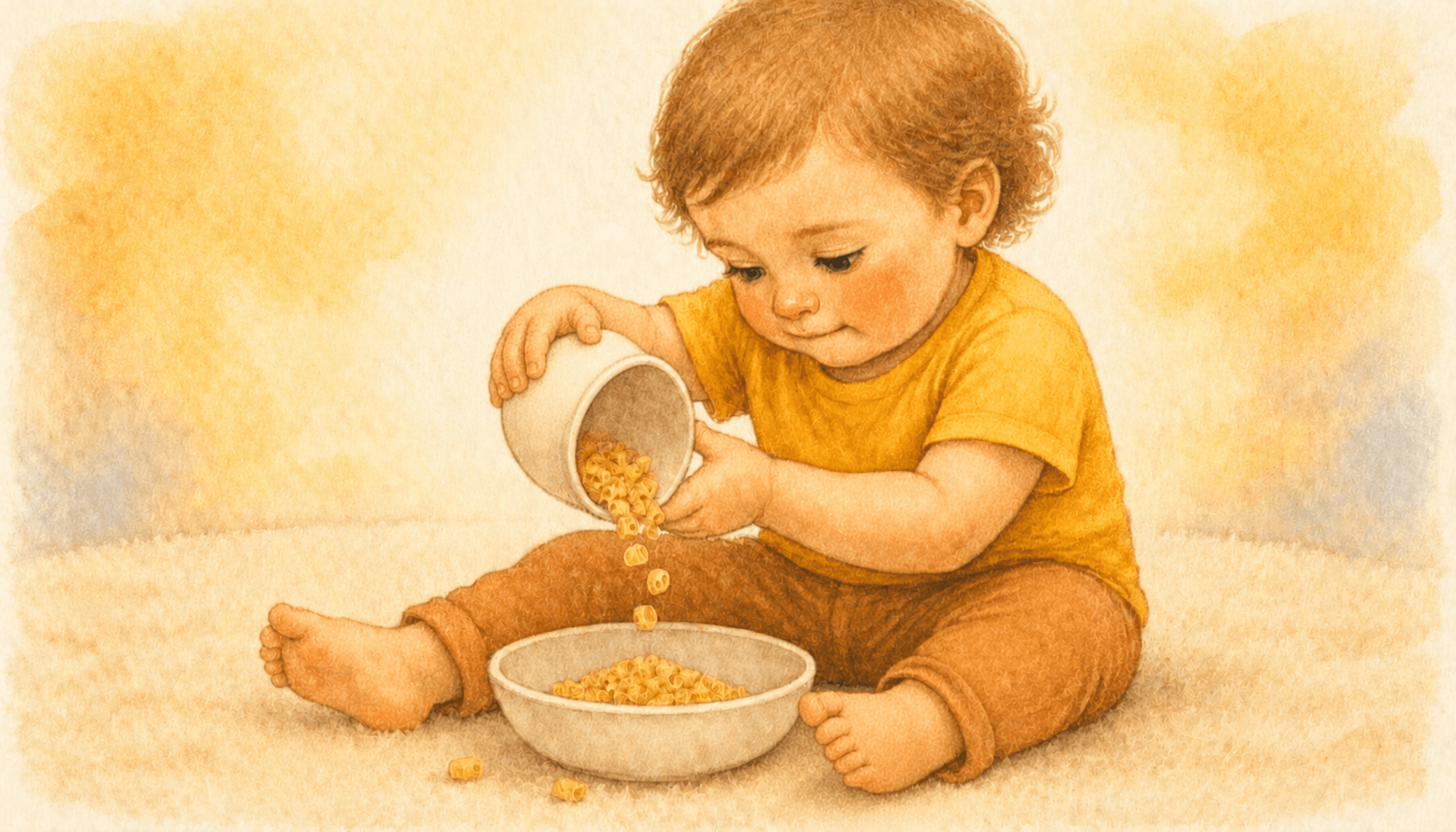 Two-year-old in deep concentration tipping a cup to pour dry pasta into a bowl — hands-on activities for 2 year old at home building early reasoning skills