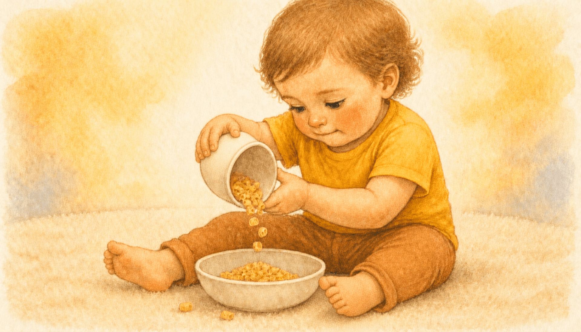 Two-year-old in deep concentration tipping a cup to pour dry pasta into a bowl — hands-on activities for 2 year old at home building early reasoning skills
