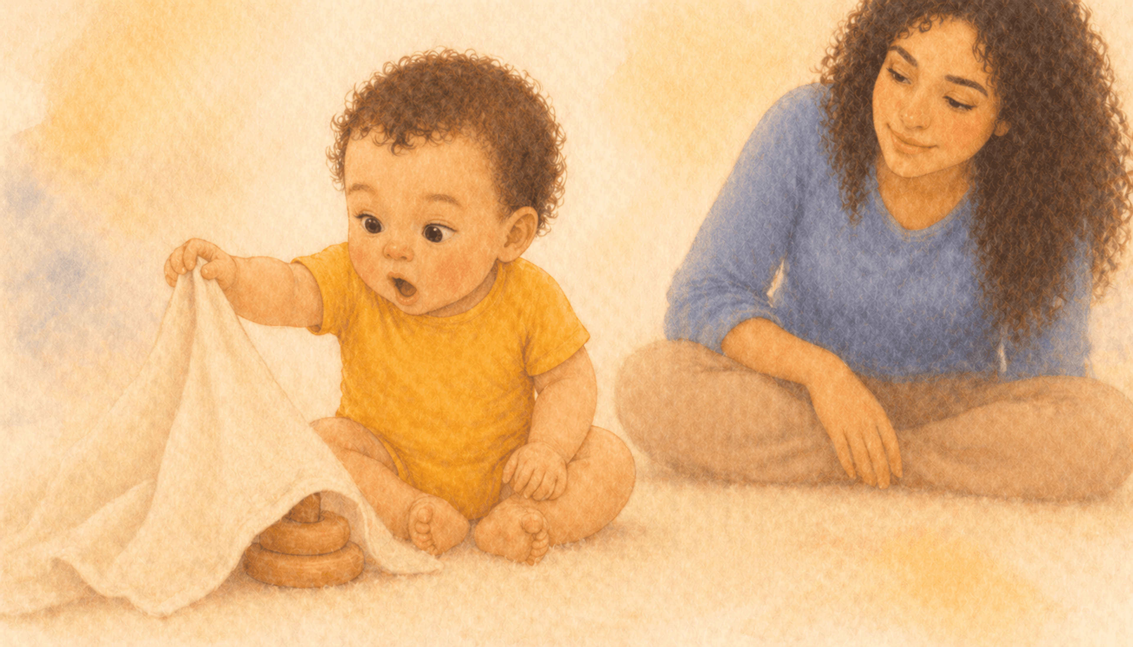 Baby with olive skin lifting a muslin cloth off a hidden wooden toy, mother watching nearby — object permanence play at six months