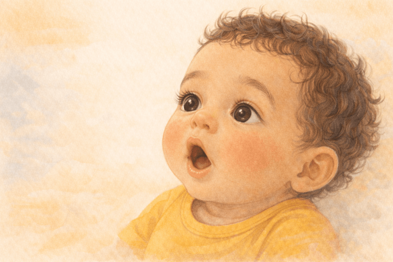 Watercolor close-up of a baby's face looking up with wide eyes, mouth slightly open mid-coo