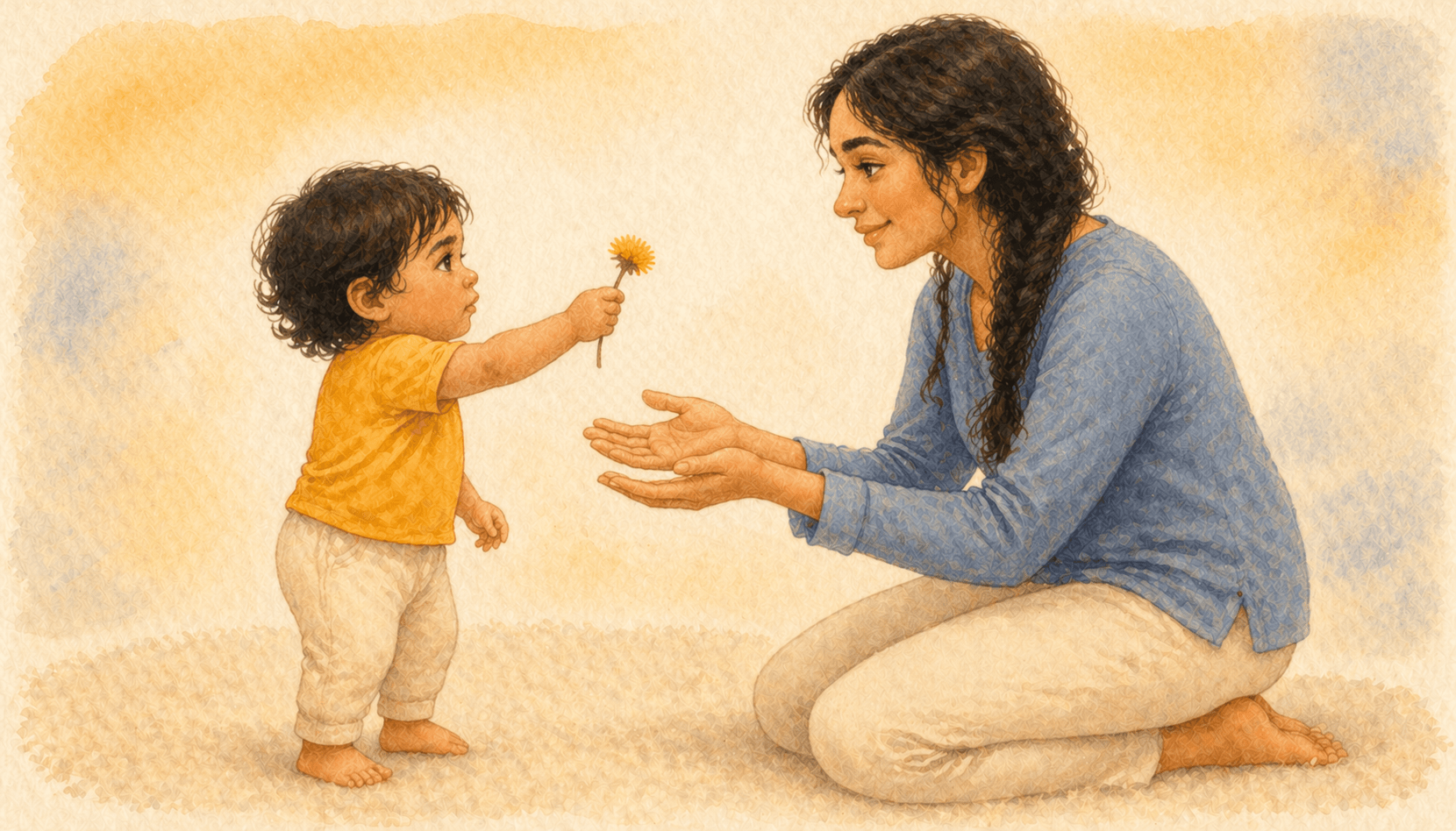 Toddler offering a single dandelion to mother kneeling on a cream rug — Mother's Day activities with kids that center on the child's act of giving