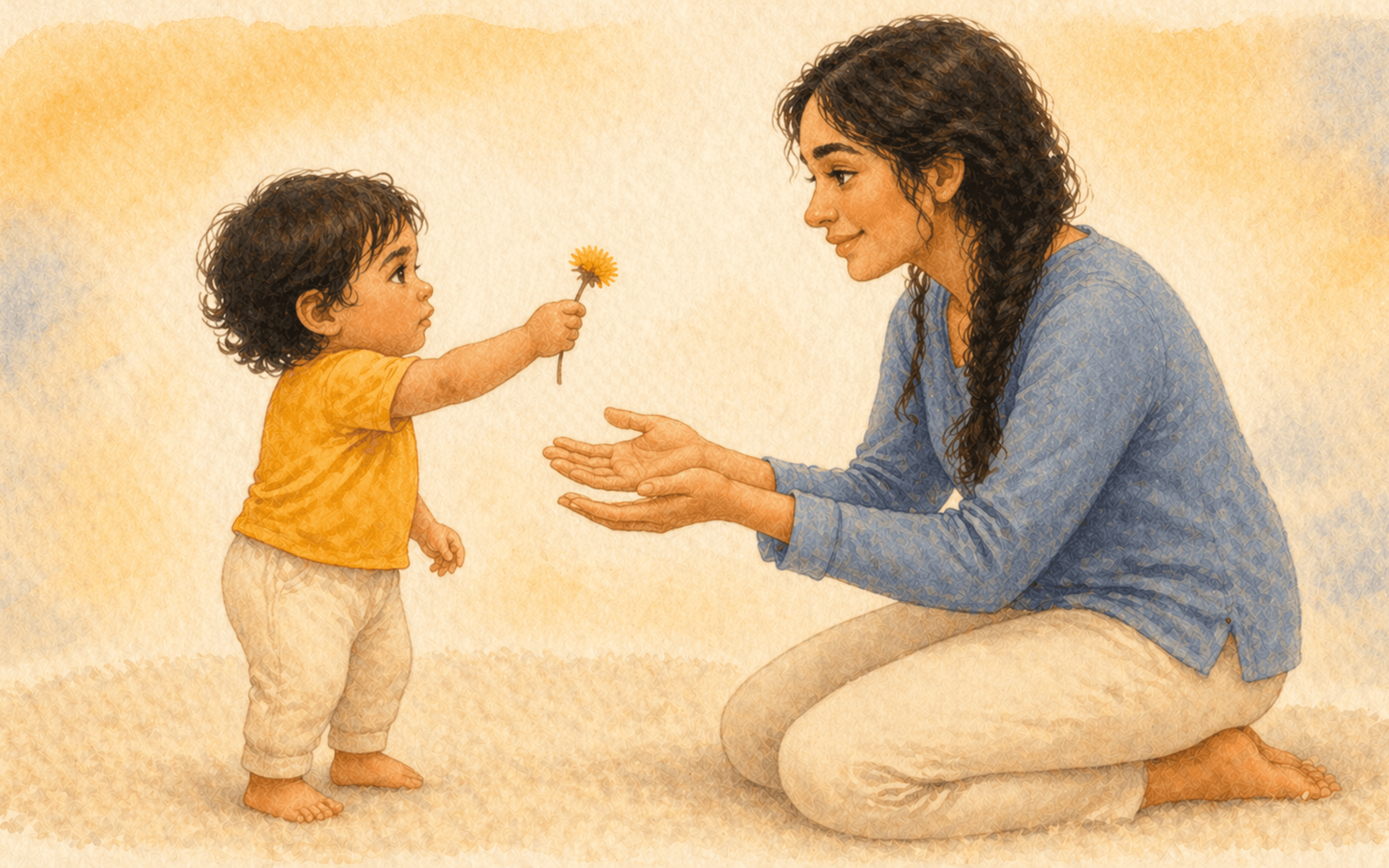 Toddler offering a single dandelion to mother kneeling on a cream rug — Mother's Day activities with kids that center on the child's act of giving