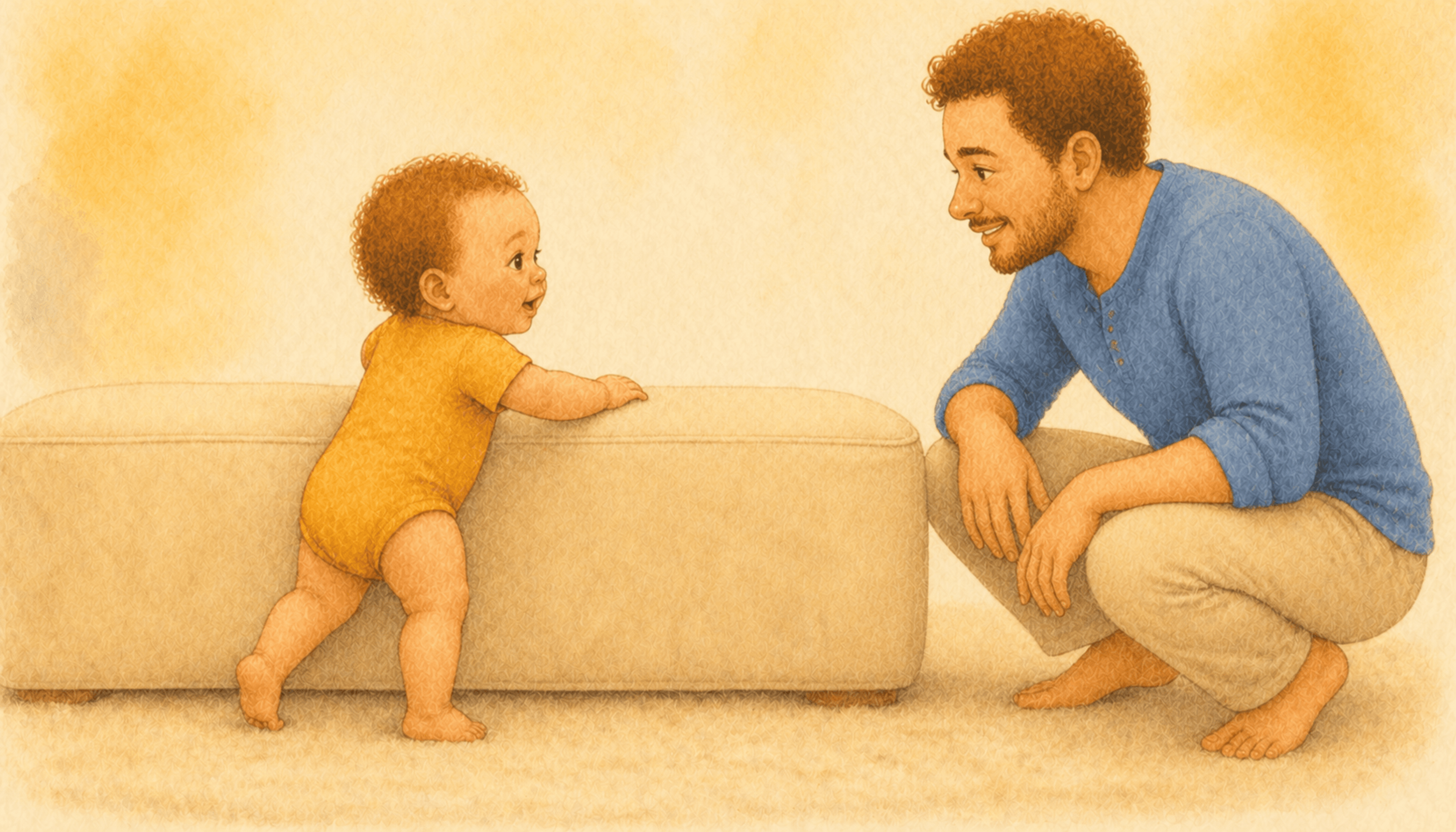 Twelve-month-old baby with reddish-auburn curls cruising sideways along a cream ottoman while father crouches nearby — illustrating gross motor development activities for a 1 year old