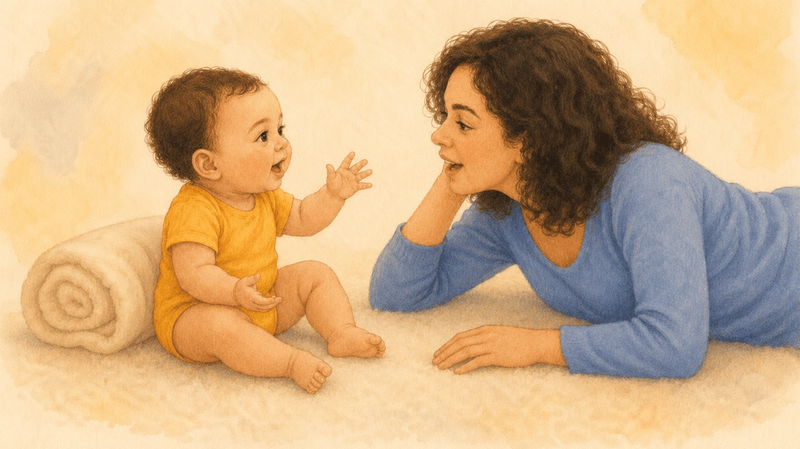 Mother lying on her side at floor level and eight-month-old baby facing each other mid-babble exchange — illustrating timely contingent response to help baby talk