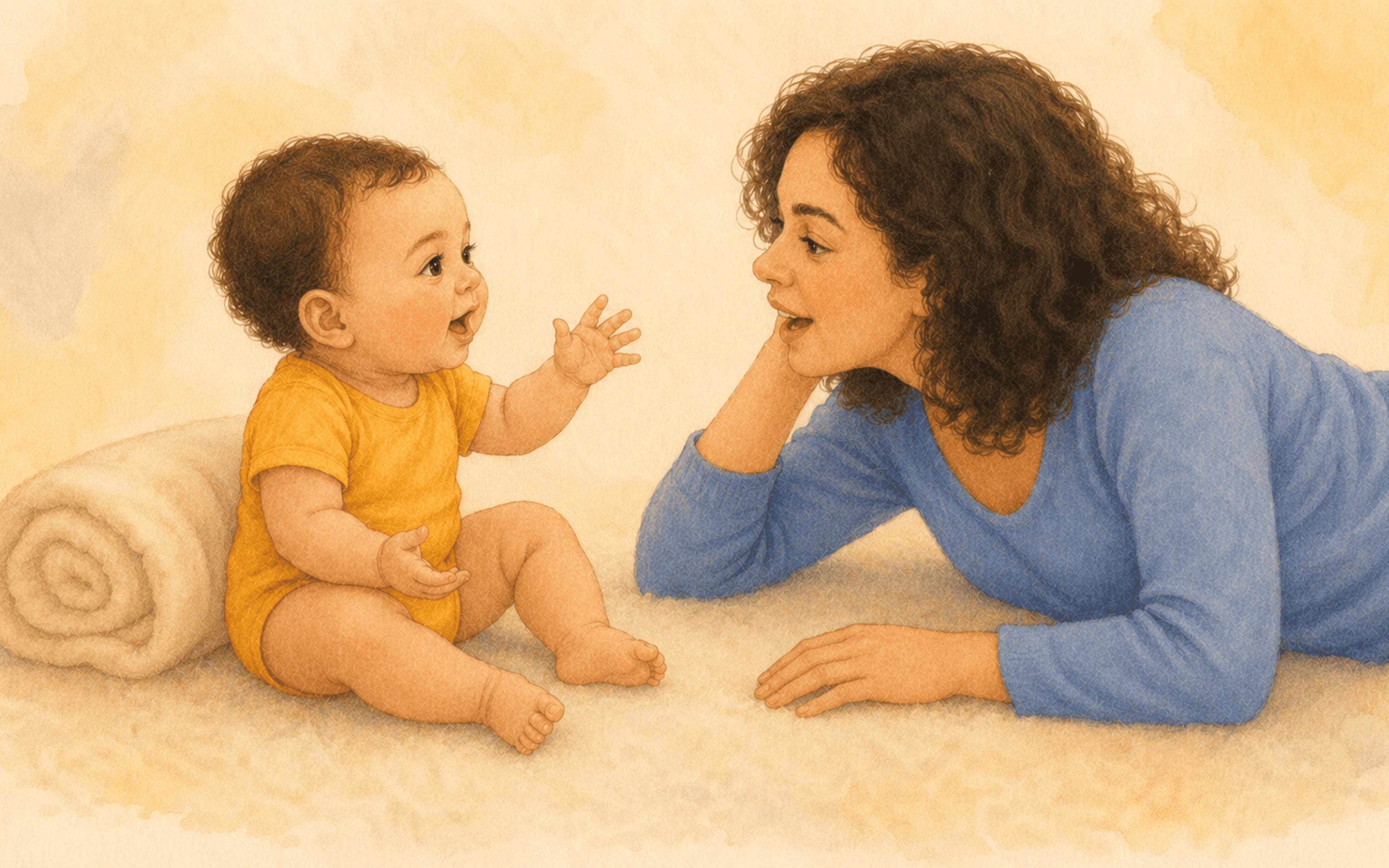 Mother lying on her side at floor level and eight-month-old baby facing each other mid-babble exchange — illustrating timely contingent response to help baby talk