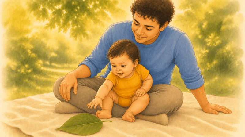 Father sitting on a blanket in a shaded garden with baby in lap, baby reaching toward a large green leaf — summer outdoor activity for babies 6-12 months