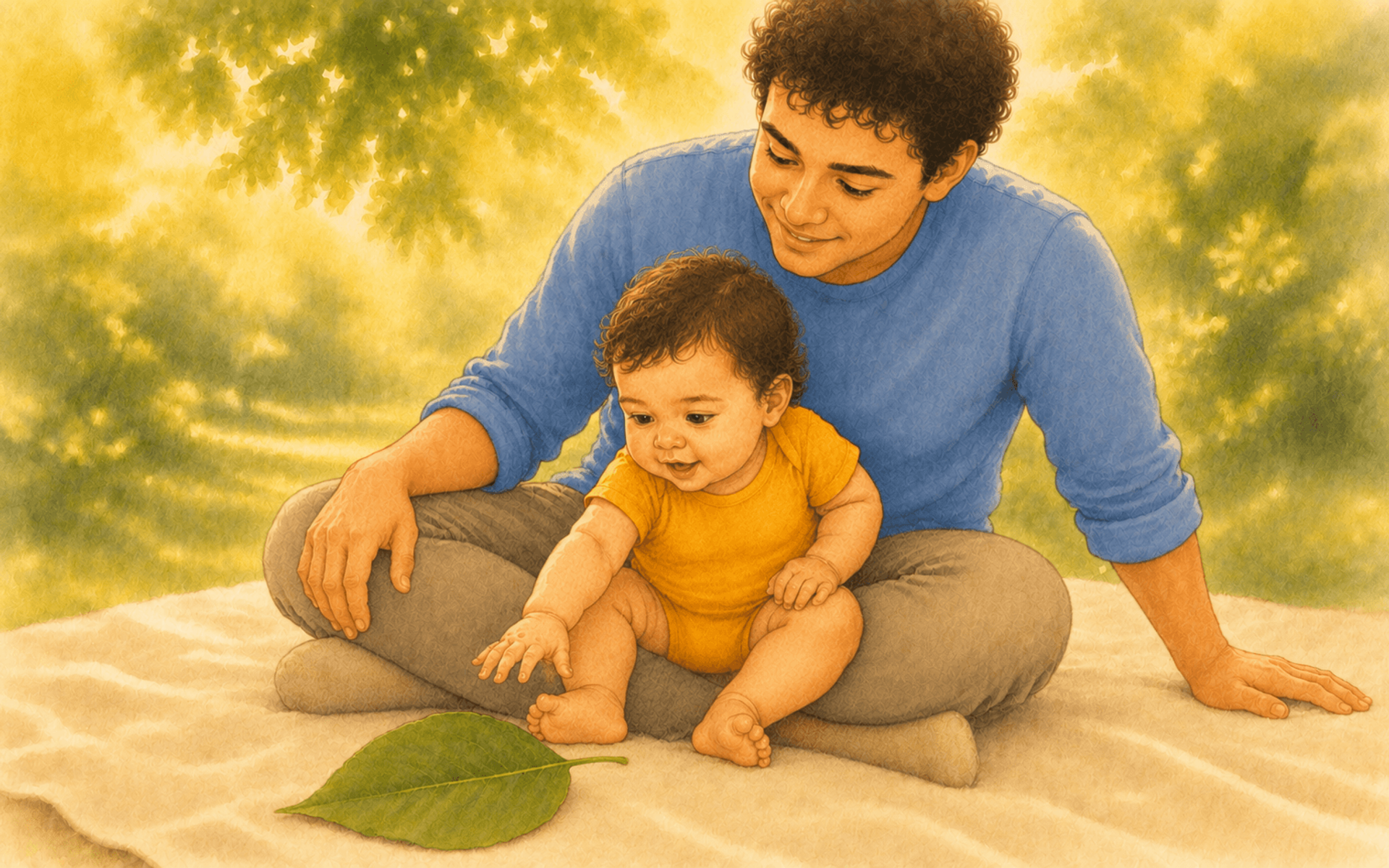 Father sitting on a blanket in a shaded garden with baby in lap, baby reaching toward a large green leaf — summer outdoor activity for babies 6-12 months