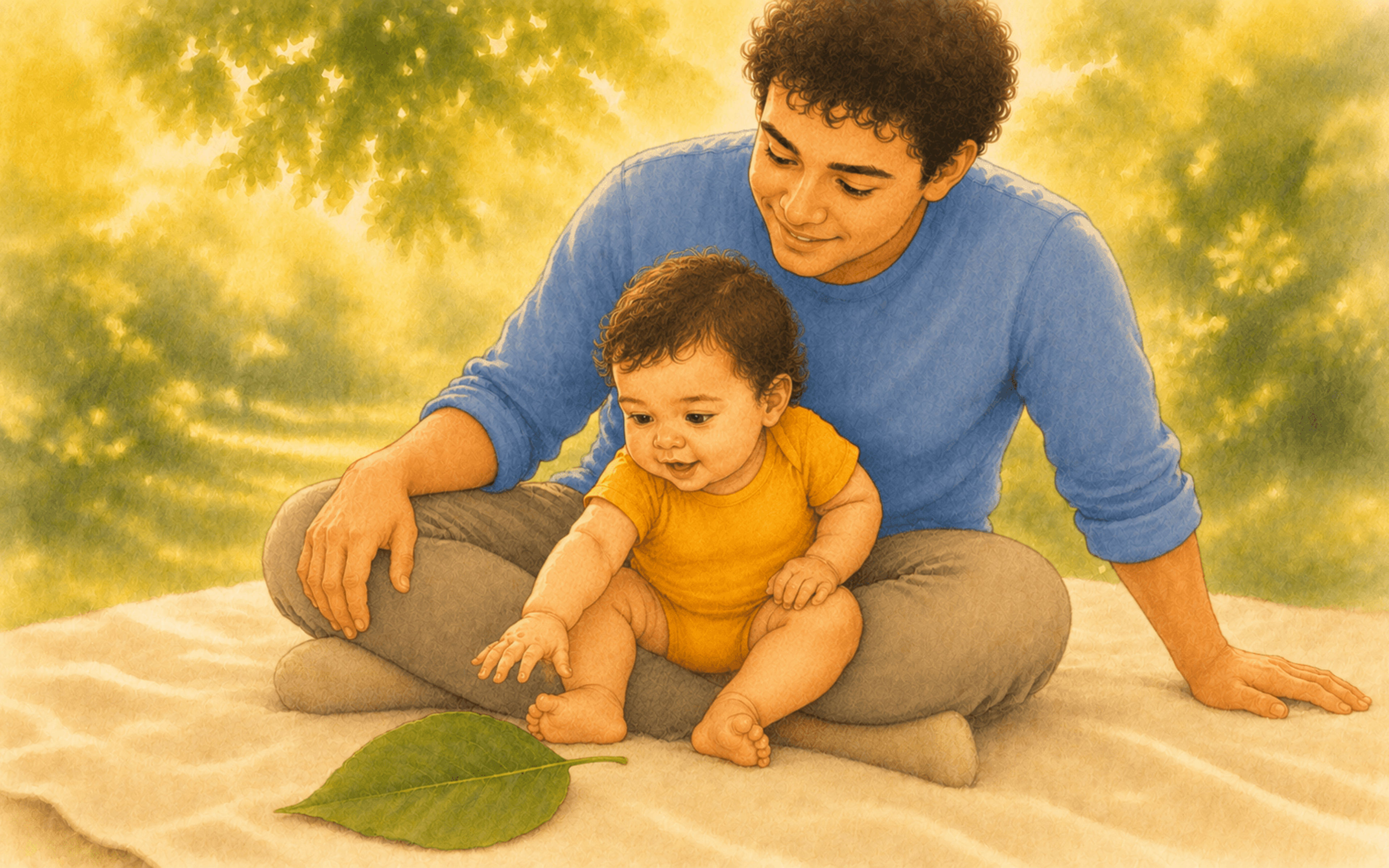 Father sitting on a blanket in a shaded garden with baby in lap, baby reaching toward a large green leaf — summer outdoor activity for babies 6-12 months