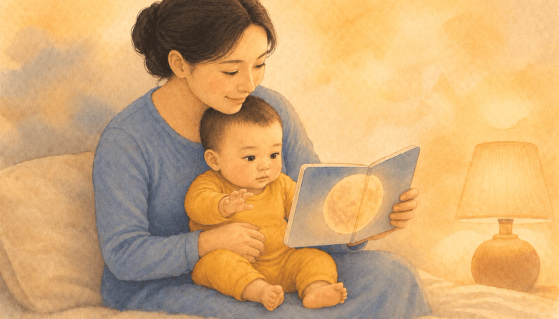 Mother reading a board book to a 7-month-old baby in dim evening light — illustrating a consistent bedtime routine for baby sleep consolidation