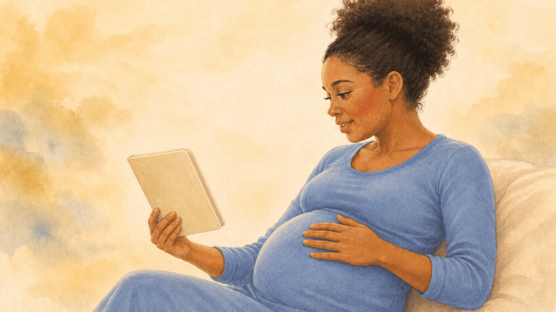 Pregnant mother sitting and reading aloud from an open board book held at belly level — illustrating when to start reading to baby during the third trimester