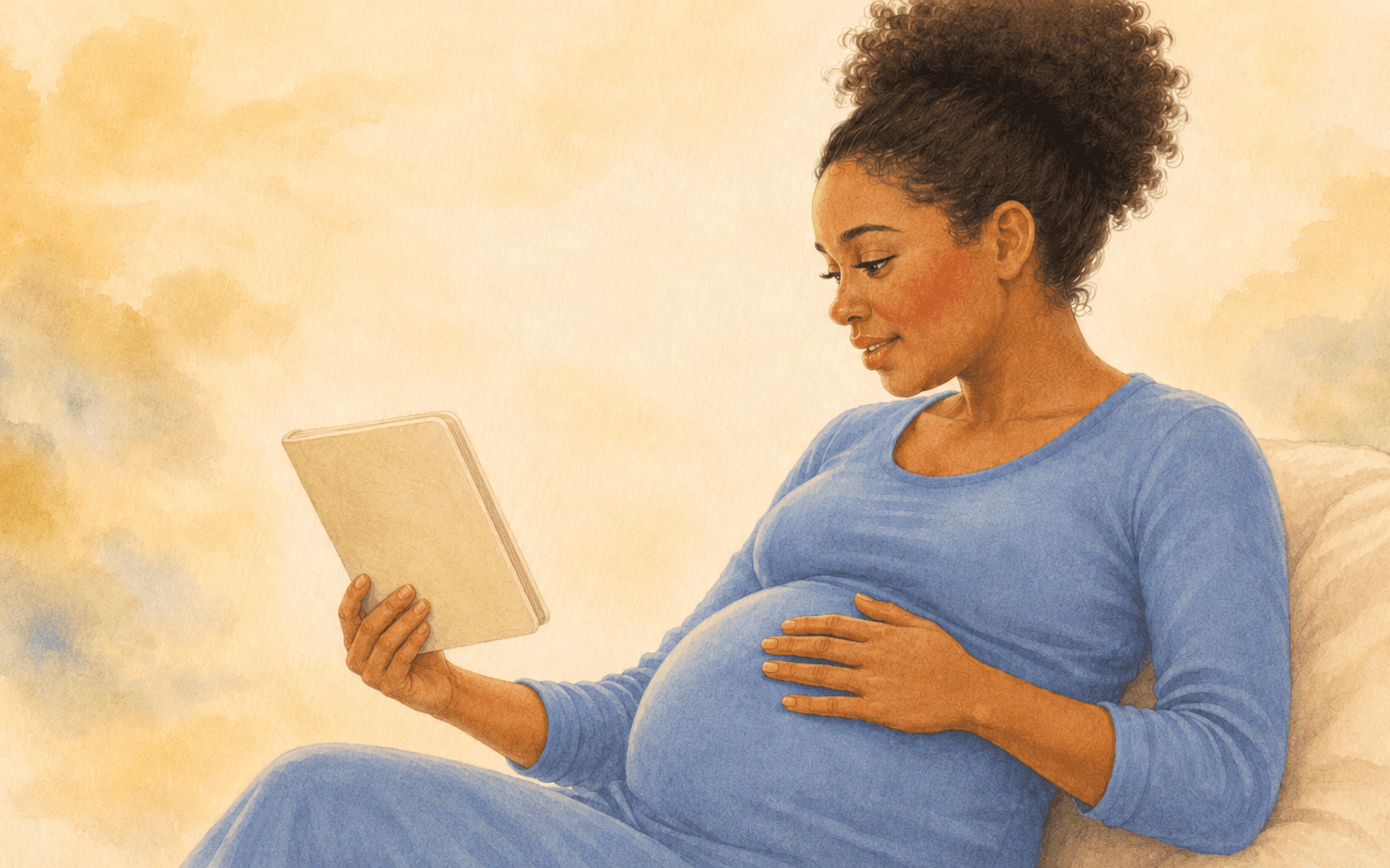 Pregnant mother sitting and reading aloud from an open board book held at belly level — illustrating when to start reading to baby during the third trimester