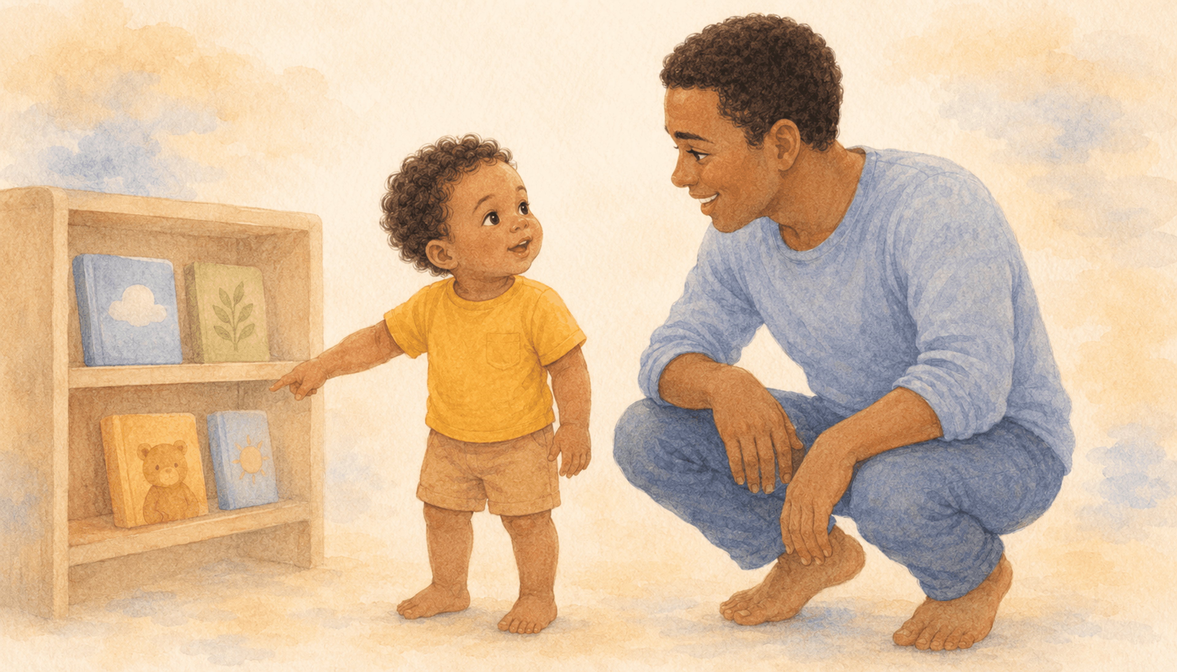 Two-year-old toddler pointing at a board book on a low shelf while dad crouches at eye level — illustrating word-learning through shared attention at age two