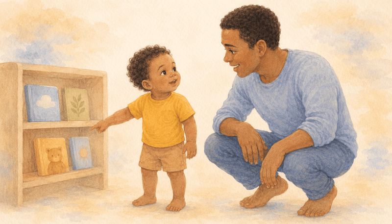  Two-year-old toddler pointing at a board book on a low shelf while dad crouches at eye level — illustrating word-learning through shared attention at age two