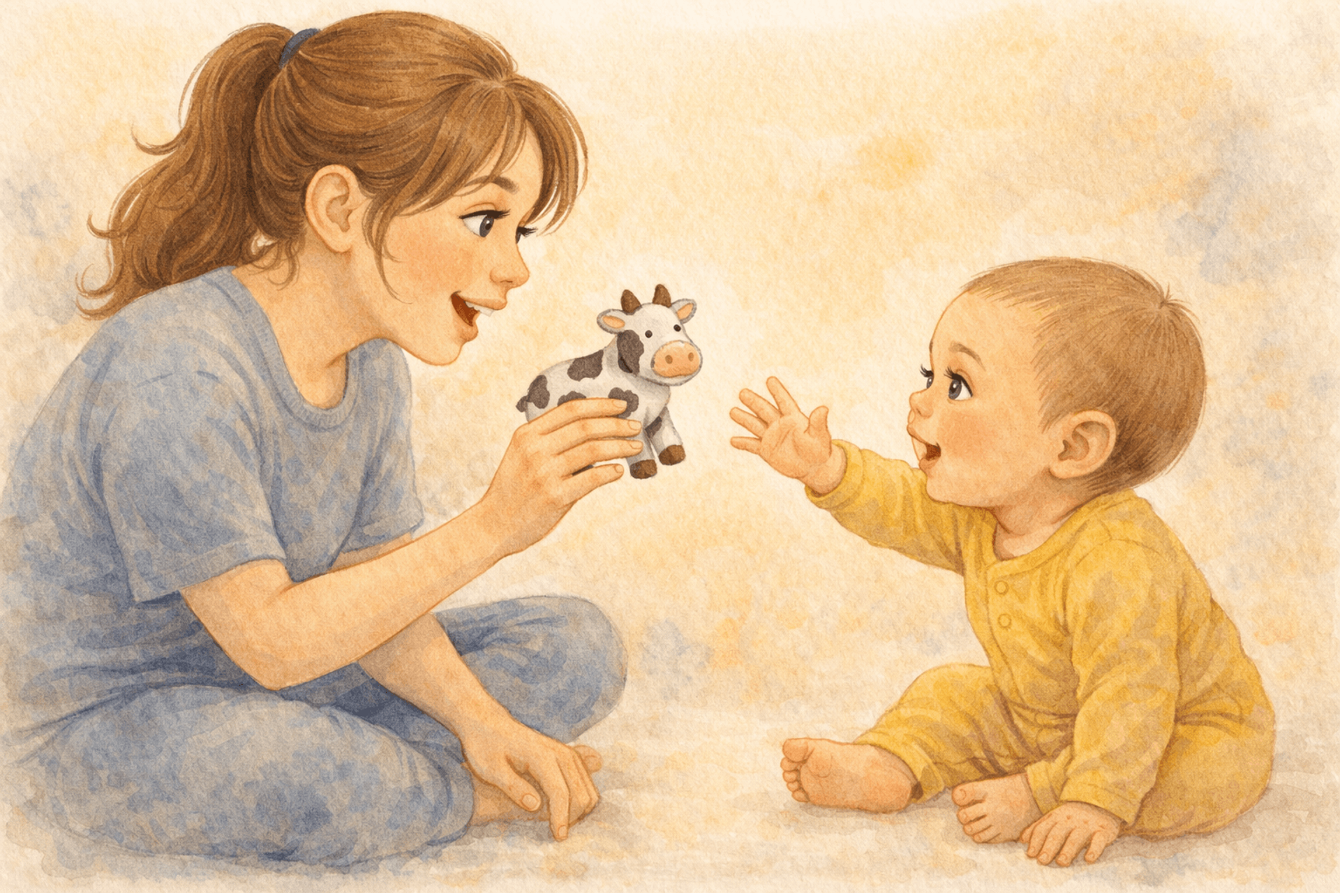 Watercolor illustration of parent holding up a toy cow while baby reaches for it attempting to say the word