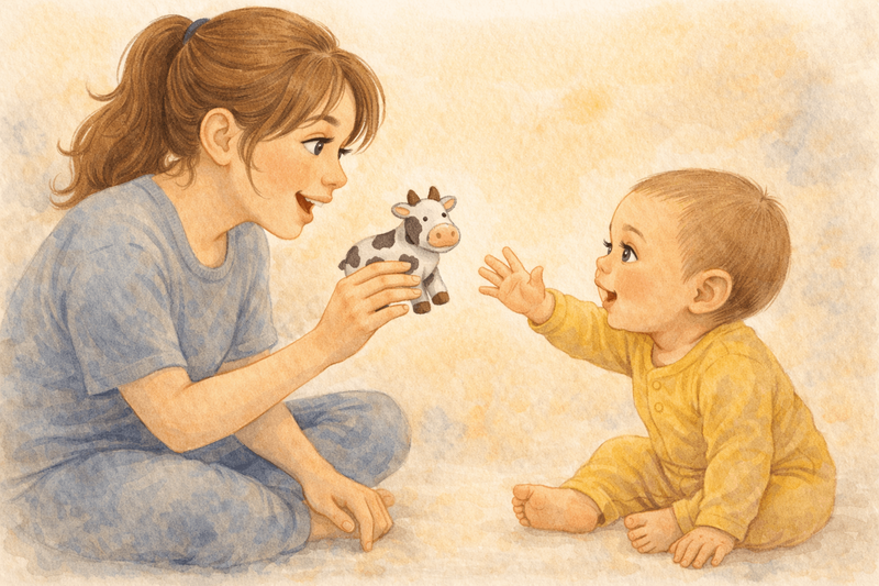 Watercolor illustration of parent holding up a toy cow while baby reaches for it attempting to say the word