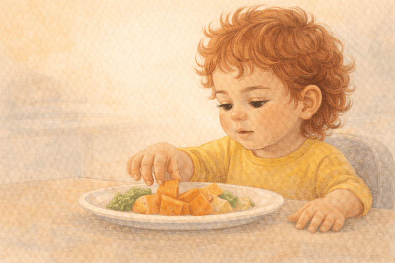 Toddler reaching for sweet potato on plate with calm curiosity — repeated food exposure works over time