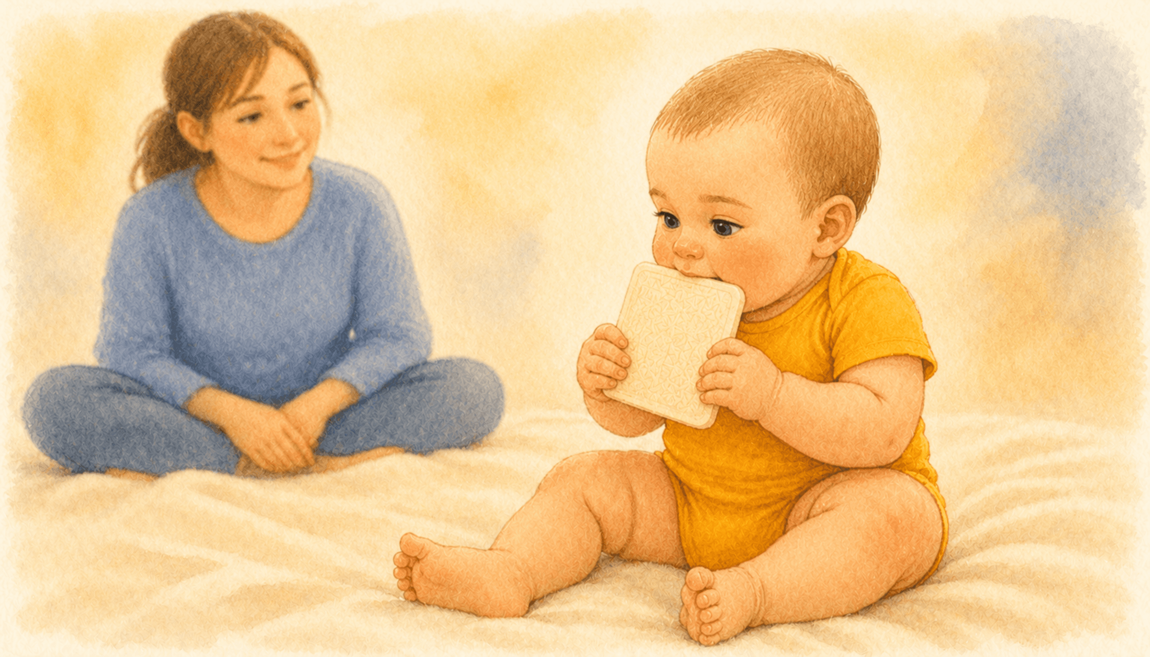 Seven-month-old baby sitting independently and pressing corner of a textured activity card to mouth — illustrating oral sensory exploration during the teething window
