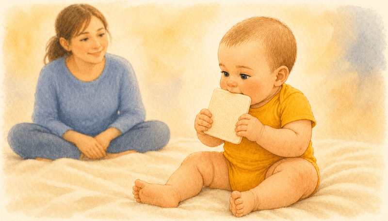 Seven-month-old baby sitting independently and pressing corner of a textured activity card to mouth — illustrating oral sensory exploration during the teething window