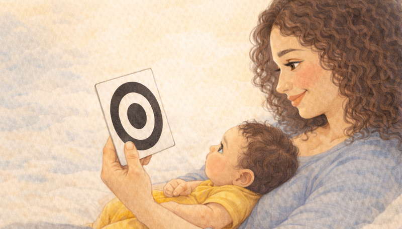 Mother holding black and white high contrast card in front of newborn baby — visual stimulation weeks 1-2