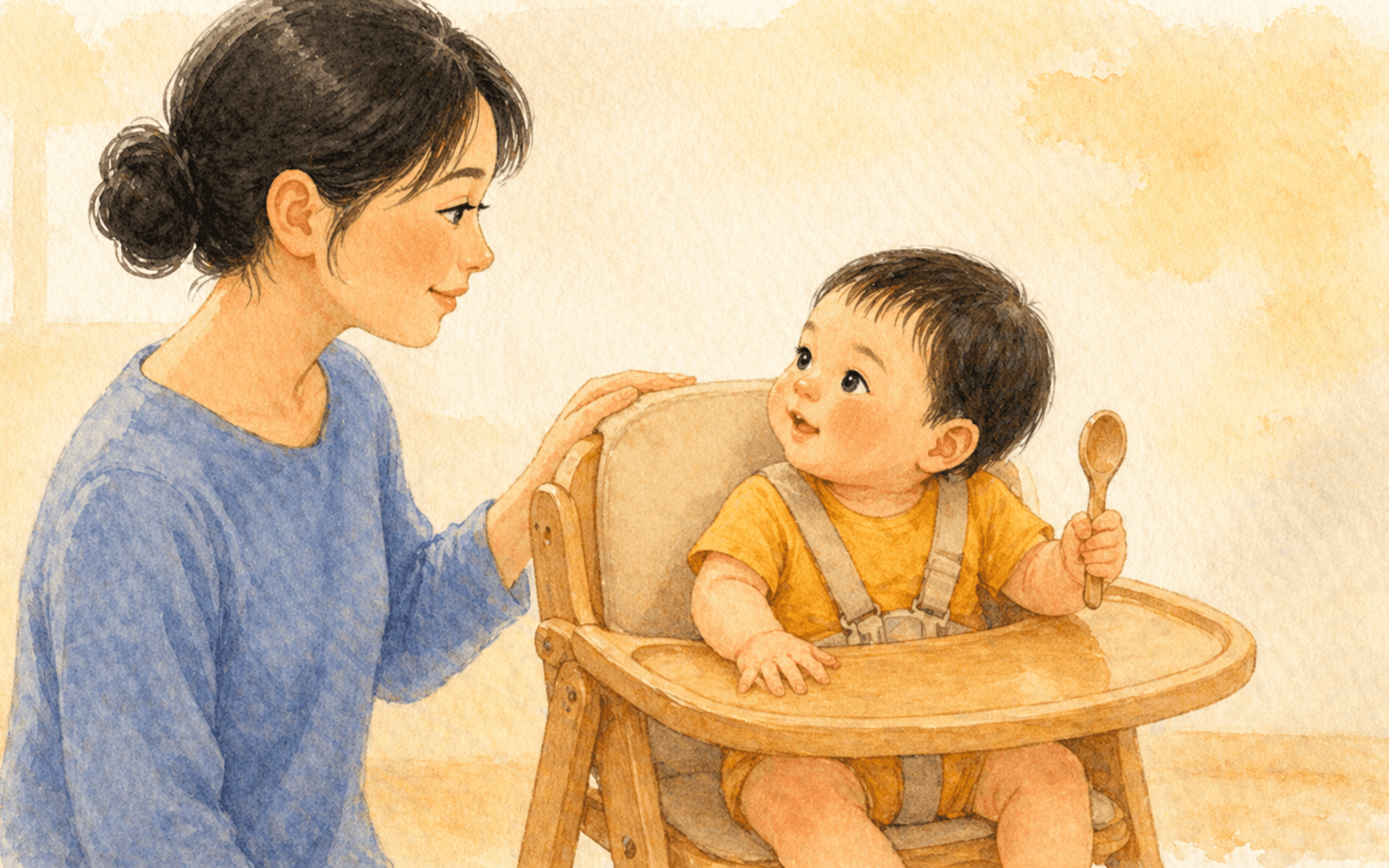 Nine-month-old baby in high chair holding a wooden spoon and looking up at mother — illustrating intentional behavior and activities for 9 month old development