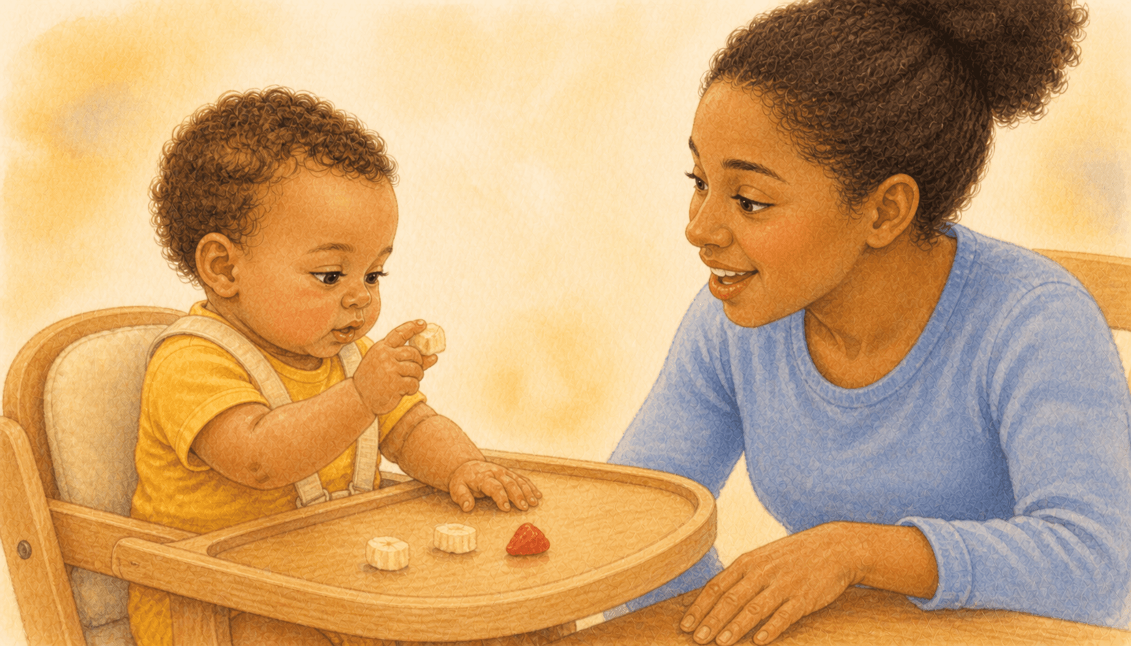 Ten-month-old baby in high chair using a refined pincer grasp to pick up a piece of soft banana while mother names the food — fine motor and language activity for 10 month old development