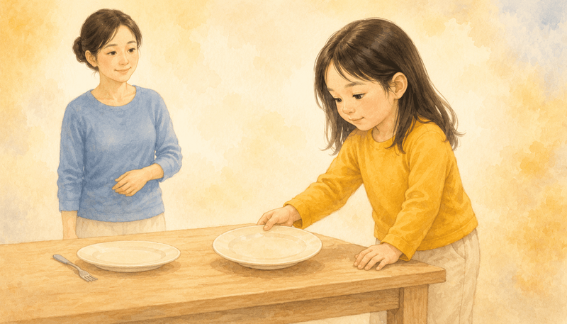 Five-year-old child carefully placing a plate on a low wooden table while mother watches from the background — household chores as kindergarten prep activities for a 5 year old