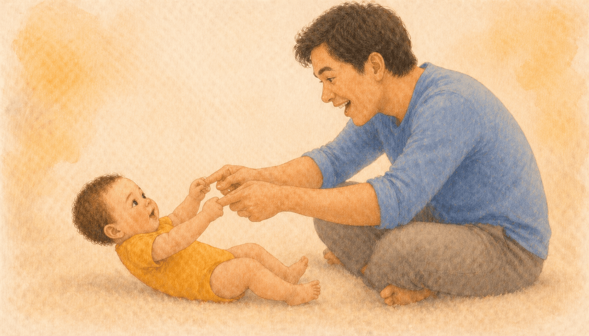 Father and baby with light-medium skin doing pulling-to-sit practice, baby gripping father's index fingers and lifting head and shoulders — core-building exercise for sitting