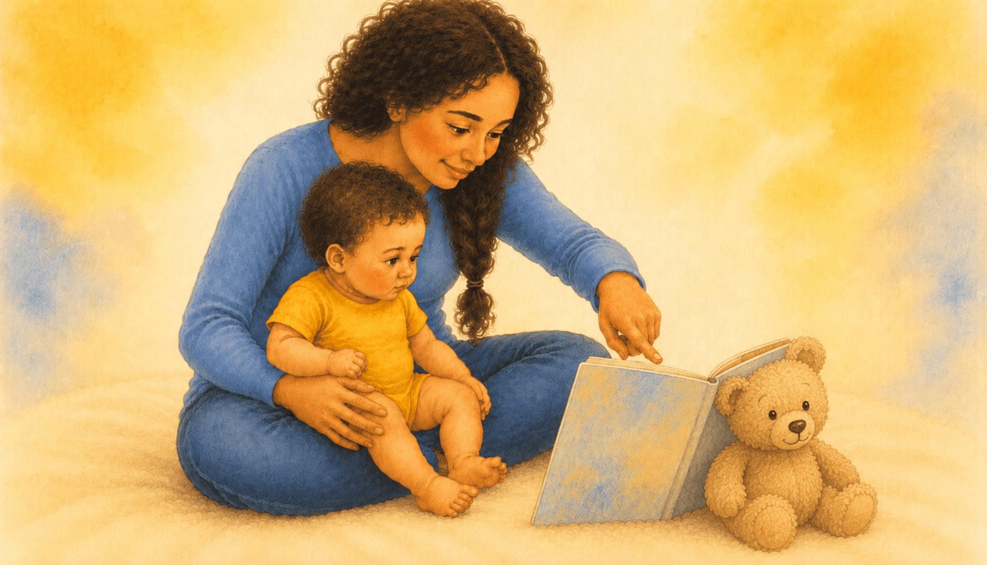 Mother with dark wavy hair pointing at a dog picture in a board book while baby sits in her lap watching — parent pointing as language development tool