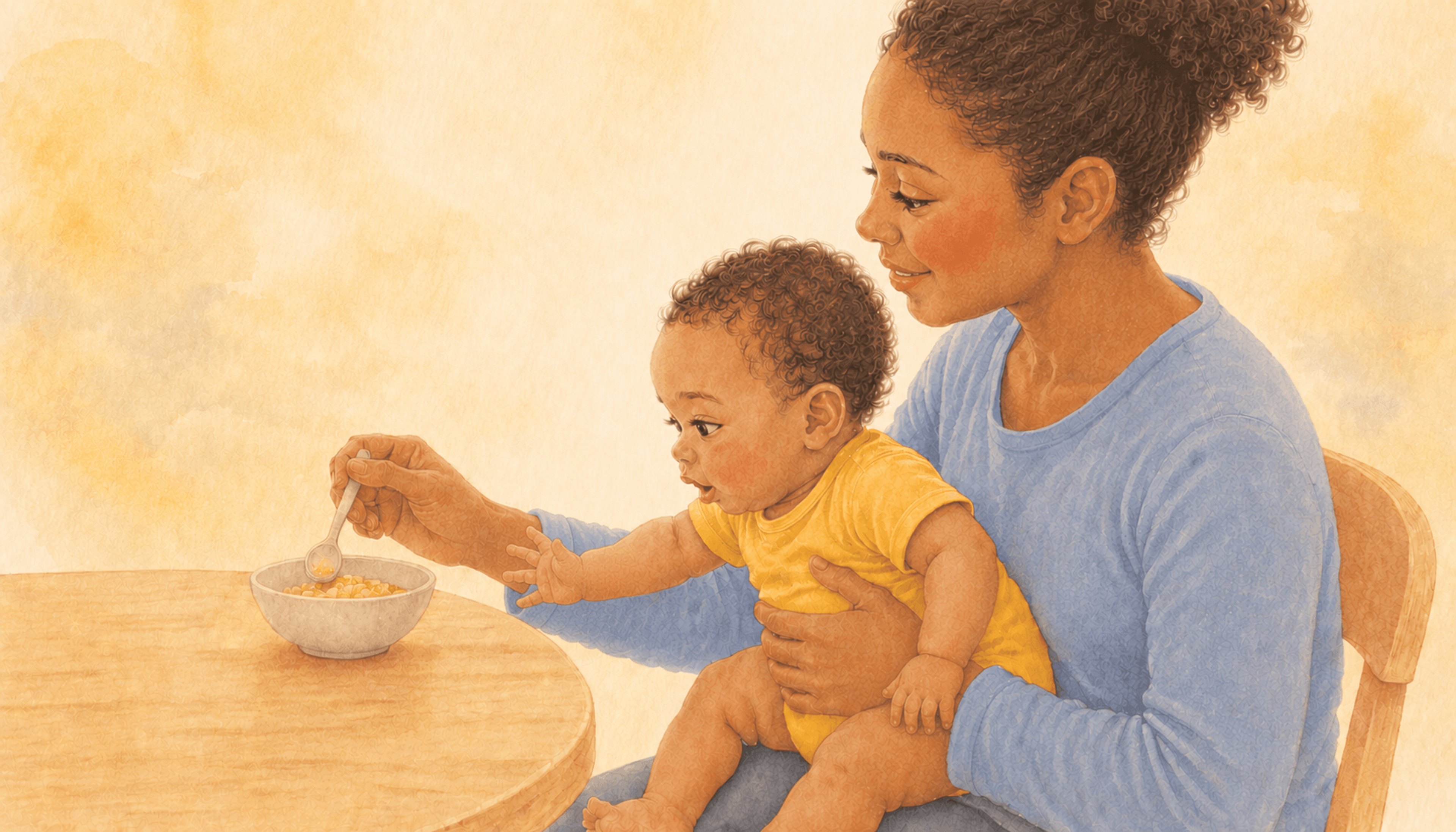 Baby sitting in mother's lap leaning intently toward mother's bowl — showing interest in food as a key sign baby is ready for solids