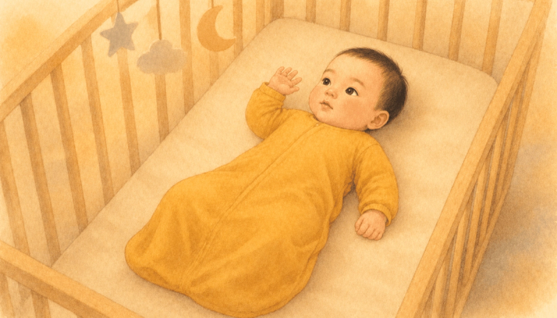 6-month-old baby lying awake in a crib without crying — illustrating the difference between waking and signaling in infant sleep