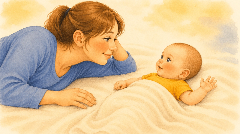 Two-month-old baby lying on back on a cream blanket, lower body covered, looking up at mother lying beside — calm daytime wake window at two months