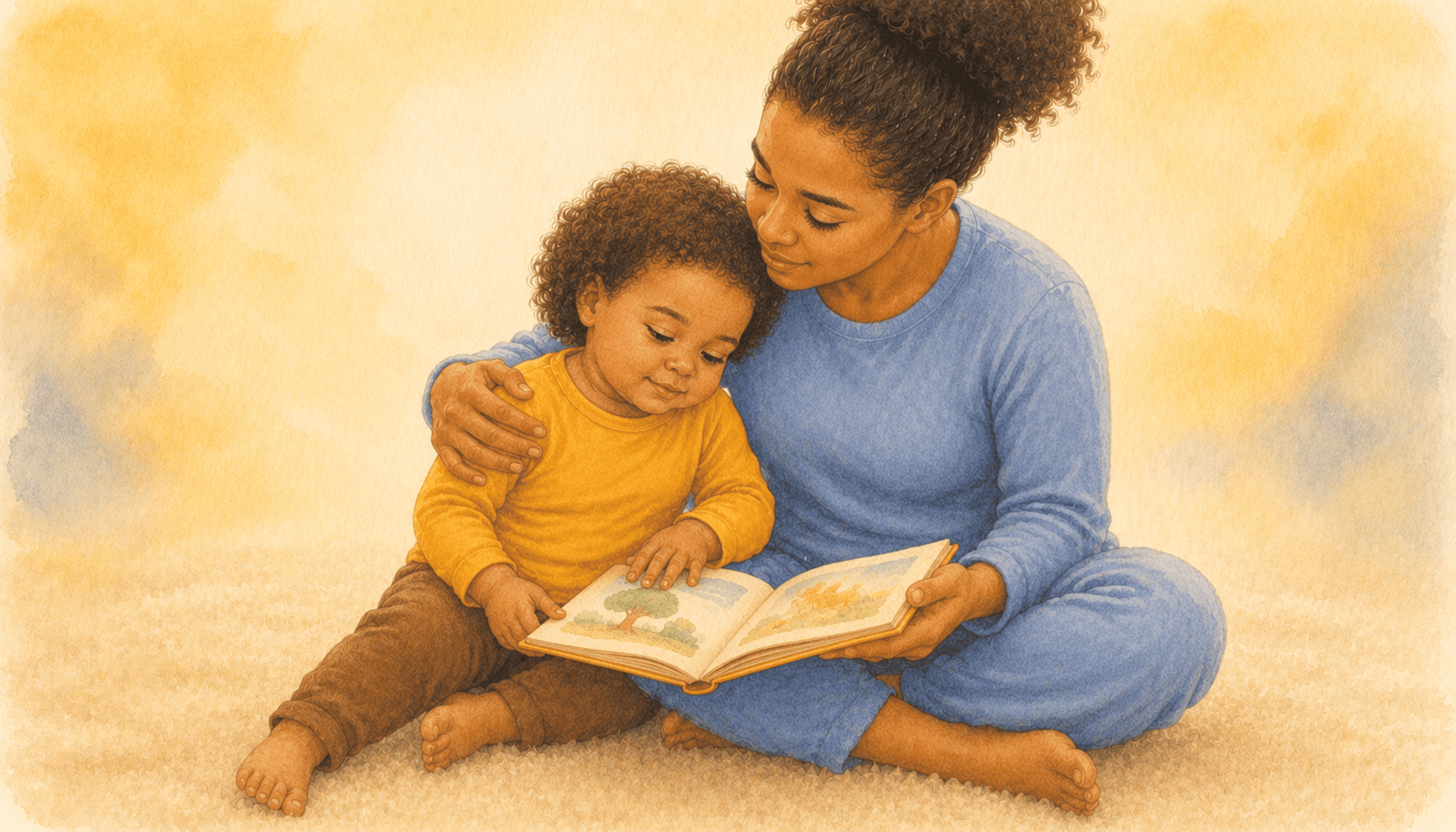Mother and two-year-old toddler sitting close together on rug reading a picture book after a difficult moment — time-in reconnection after toddler discipline