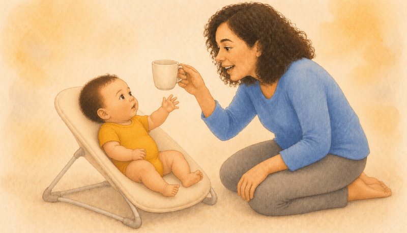 Mother holding a cup at baby's eye level while talking to a seven-month-old baby in a bouncy chair — everyday directed narration activity to help baby talk