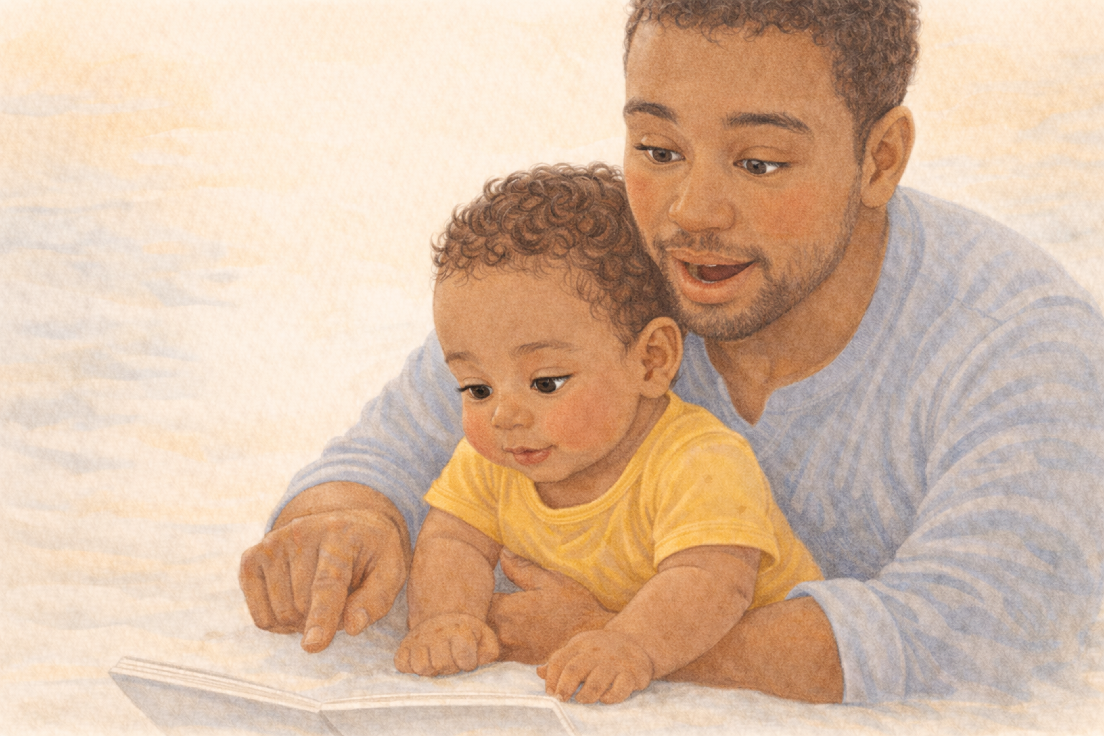 Watercolor illustration of a father reading a board book with a ten-month-old baby sitting between his legs