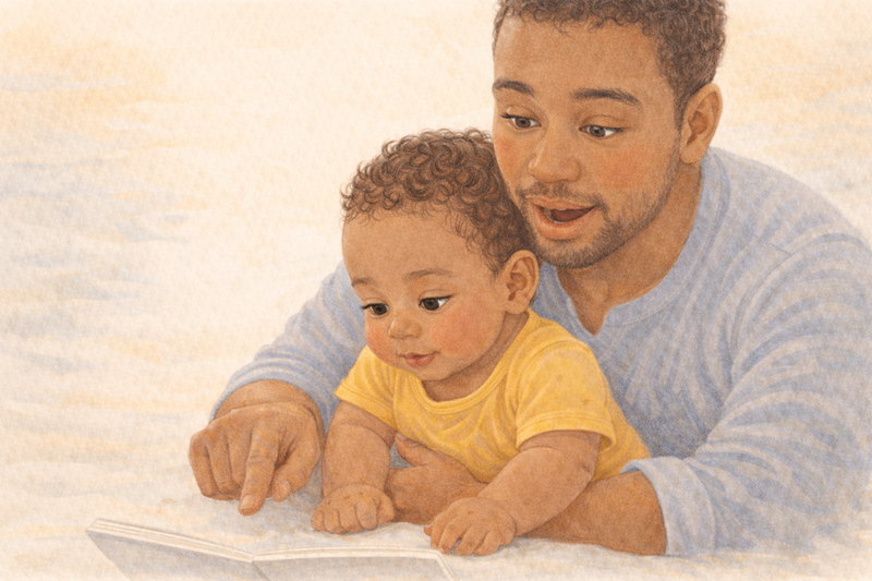 Watercolor illustration of a father reading a board book with a ten-month-old baby sitting between his legs
