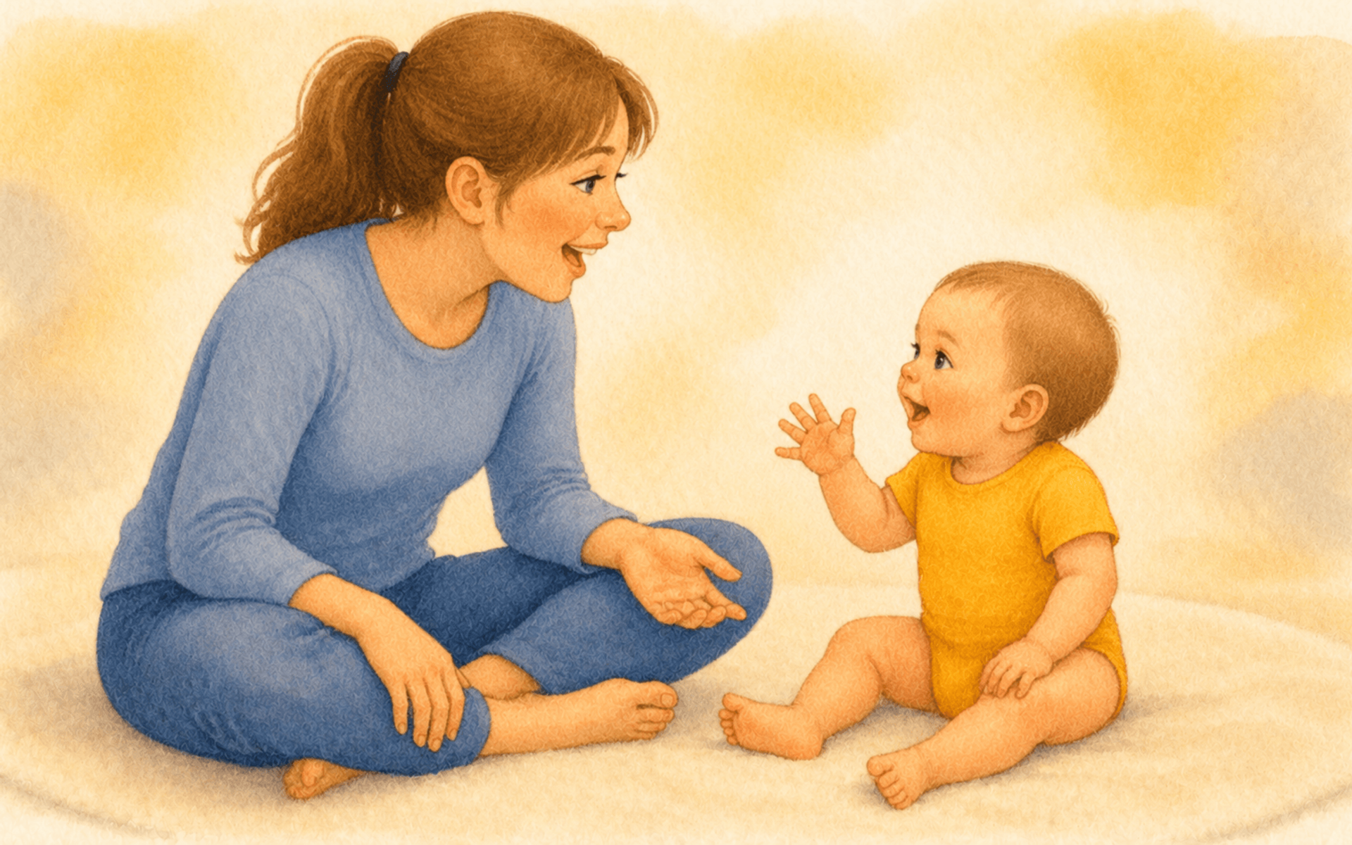 Nine-month-old baby sitting independently across from mother, both mid-vocalization — conversational turns linked to white-matter development and baby brain development in the first year
