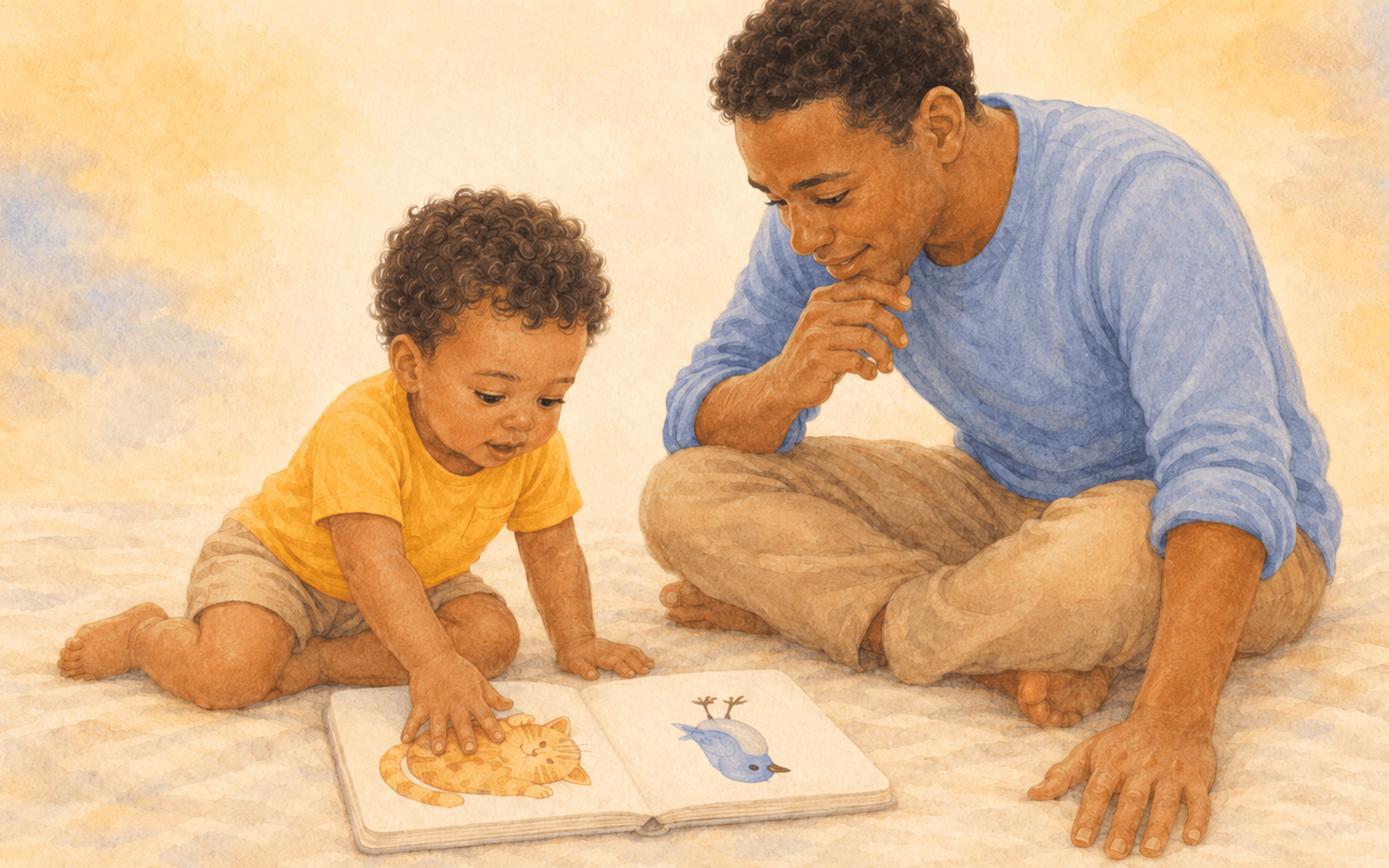 Dad and two-year-old sitting on a blanket on the floor looking at an open board book together, toddler pressing finger on a picture — shared book reading for 2 year old vocabulary development