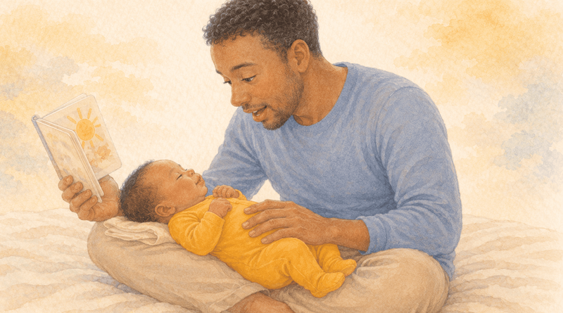 Dad sitting cross-legged with a newborn lying on his lap, holding an open board book toward the baby — reading to baby from birth