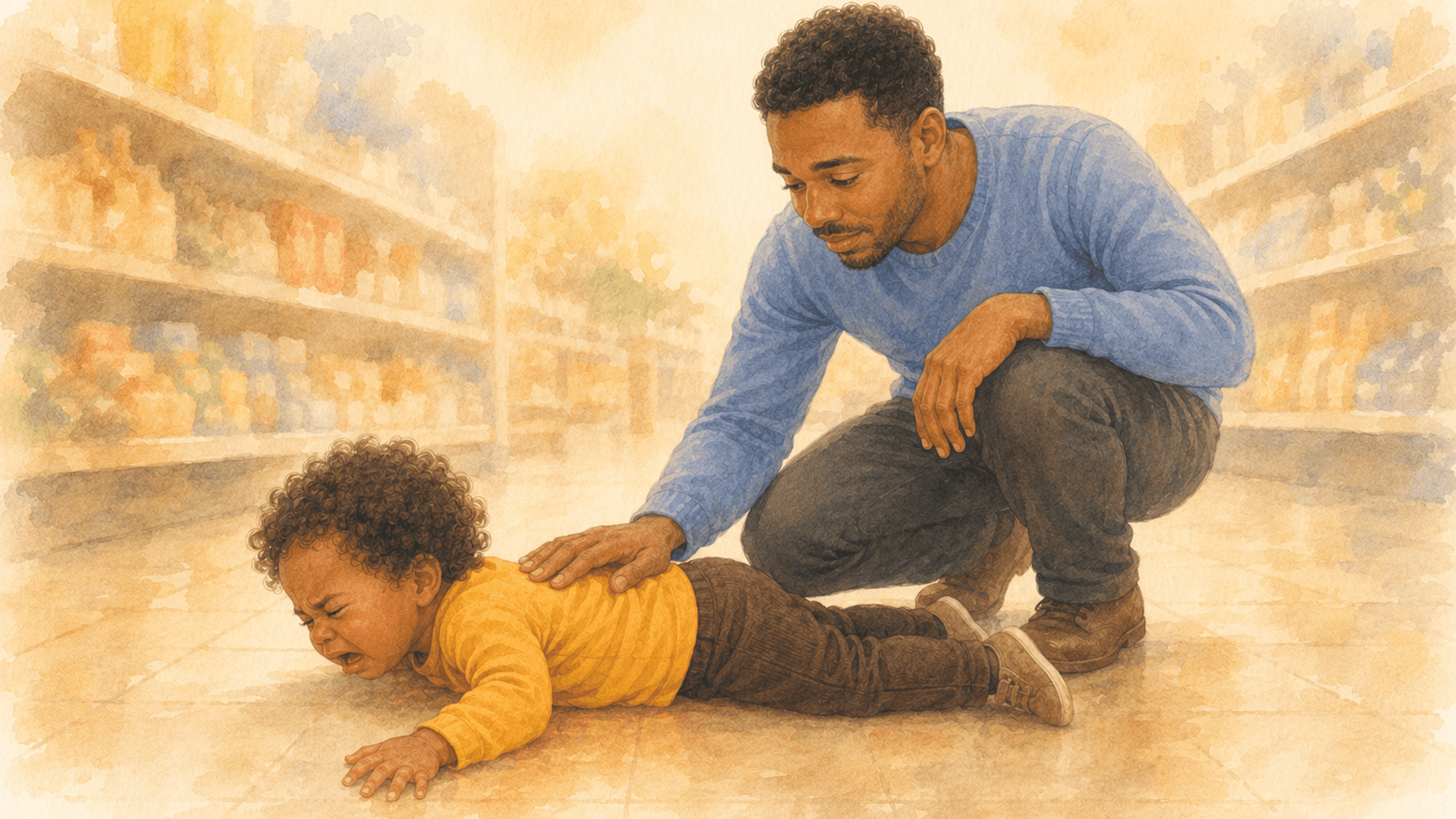 Father crouched calmly beside two-year-old toddler lying on grocery store floor mid-tantrum — illustrating how to discipline a toddler without yelling