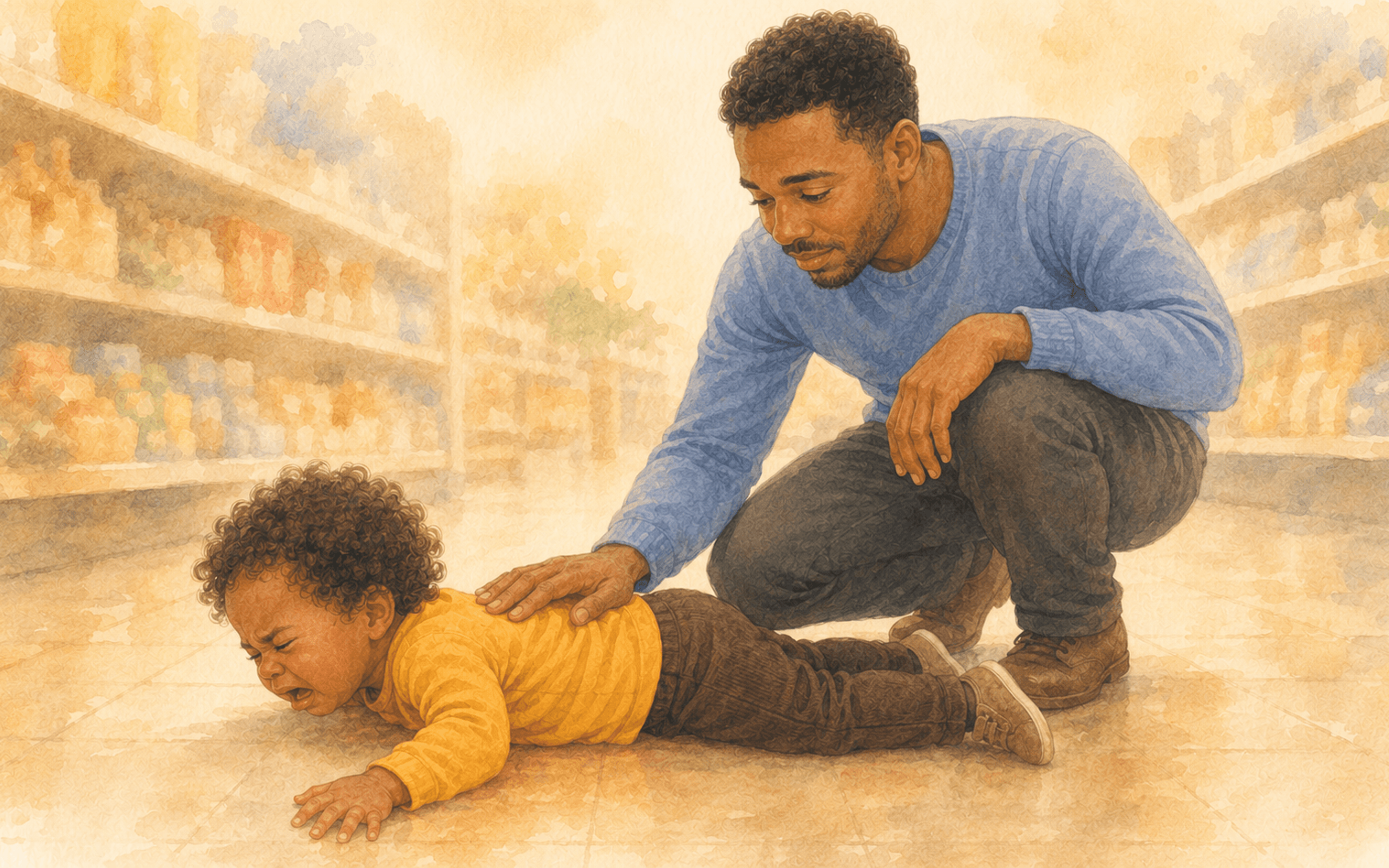 Father crouched calmly beside two-year-old toddler lying on grocery store floor mid-tantrum — illustrating how to discipline a toddler without yelling